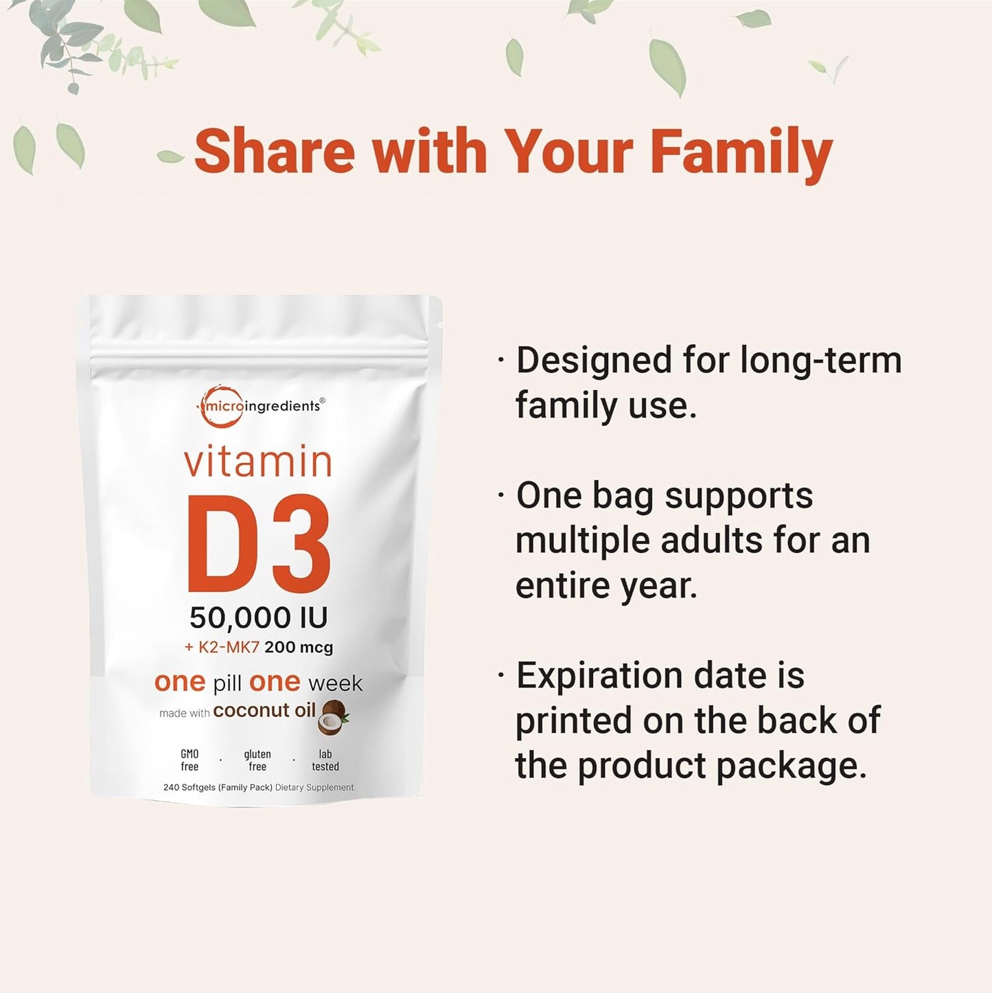 Micro Ingredients Vitamin D3 50,000 IU + K2 MK-7 200 mcg, 240 Softgels | Virgin Coconut Oil | 2-in-1 Support | Easy to Swallow, Non-GMO - PrimeBioHealth - canada supplements