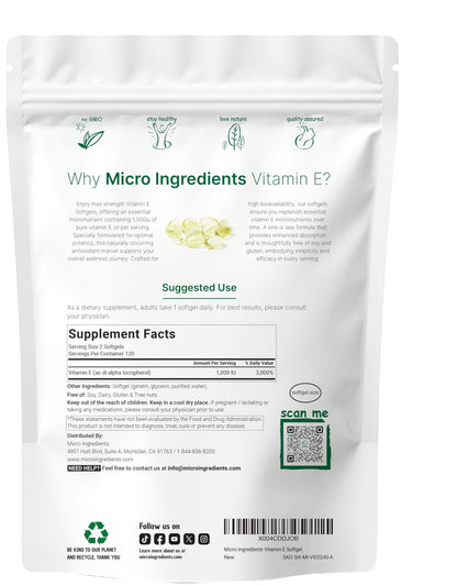 Micro Ingredients Vitamin E 1000 IU, 240 Softgels | Pure Vitamin E Oil Pills | Antioxidant Supplements for Skin and Face | Non-GMO, Gluten Free - PrimeBioHealth - canada supplements