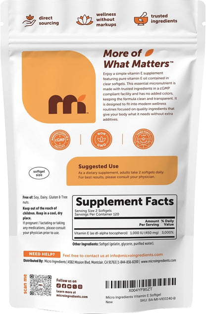 Micro Ingredients Vitamin E 1000 IU (450 mg) Per Serving, 240 Softgels | Daily Vitamin E Supplement | 4-Month Supply | Non-GMO, Gluten Free - PrimeBioHealth - canada supplements