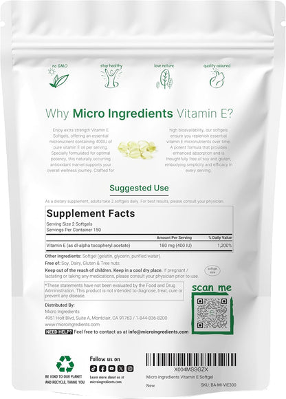 Micro Ingredients Vitamin E 400IU, 300 Softgels | Pure Vitamin E Oil Pills | Antioxidant Supplements for Skin, Face, Heart, & Immune Health | Non-GMO, Gluten Free* - PrimeBioHealth - canada supplements