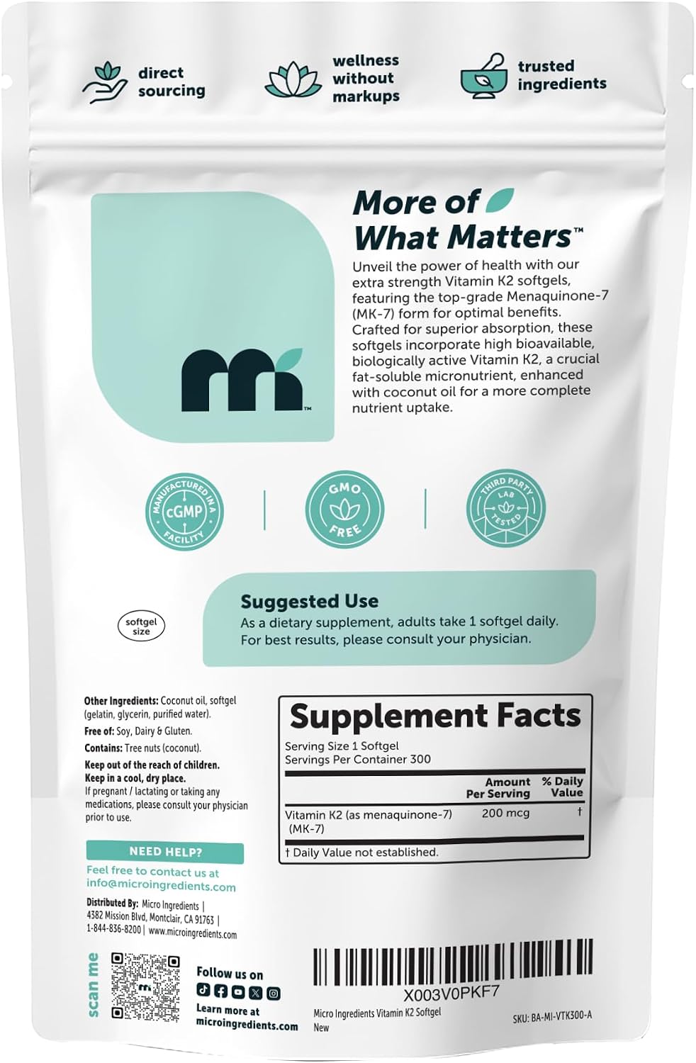 Micro Ingredients Vitamin K2 MK-7 200 mcg Per Serving, 300 Coconut Oil Softgels | K2 Vitamin Supplement with Coconut Oil | Non-GMO - PrimeBioHealth - canada supplements