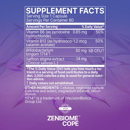 Microbiome Labs Zenbiome COPE - Probiotic Mood Support Supplement with Vitamin B6, B12 & Saffron Extract - Gut Health Probiotics for Women & Men - PrimeBioHealth - canada supplements