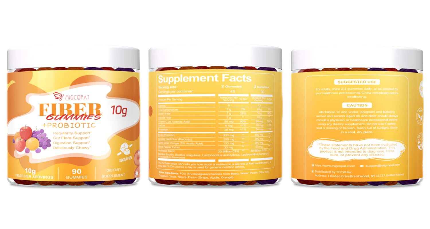 Migcopat 10G Fiber Gummies with Probiotics, Fiber Supplement with 30 Billion CFU Probiotics Blend, ACV, Vitamin C, Inulin - Support Digestive Health - PrimeBioHealth - canada supplements