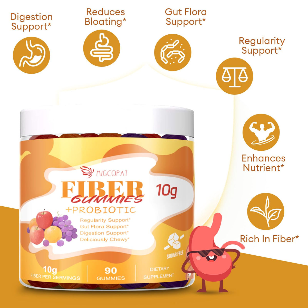 Migcopat 10G Fiber Gummies with Probiotics, Fiber Supplement with 30 Billion CFU Probiotics Blend, ACV, Vitamin C, Inulin - Support Digestive Health - PrimeBioHealth - canada supplements