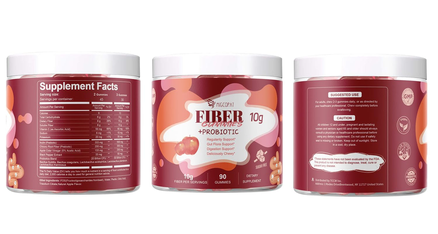 Migcopat Fiber Gummies with Probiotics,10G Fiber per Serving No Sugar Added Apple Flavor, with 10 Billion CFU Probiotics Blend, Apple Cider Vinegar, - PrimeBioHealth - canada supplements