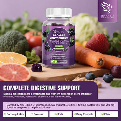 Migcopat Pre Post Probiotics Gummies, Probiotic Prebiotic Postbiotic Digestive Enzymes with Fiber, 120 Billion CFU Probiotics Complete Gut Support, Sugar Free - PrimeBioHealth - canada supplements