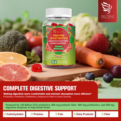 Migcopat Pre Post Probiotics Gummies, Probiotic Prebiotic Postbiotic Digestive Enzymes with Fiber, 120 Billion CFU Probiotics - Digestive Health - PrimeBioHealth - canada supplements