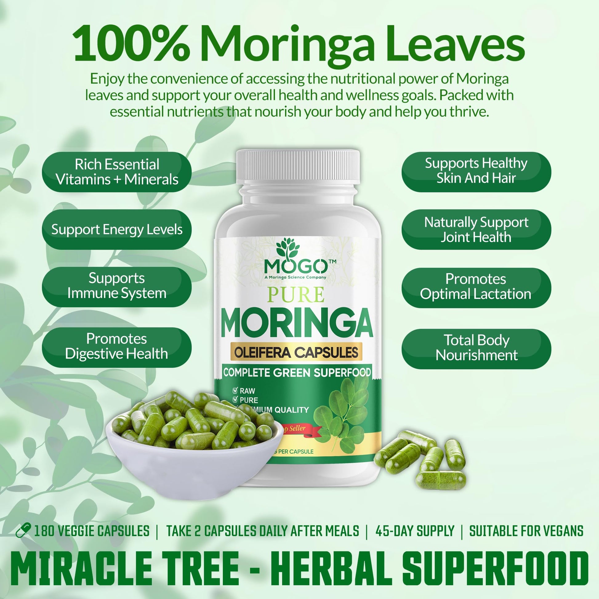 MOGO Moringa Capsules -180 Ct| Boost Energy, Immune, Gut, Joint Support | Made with Pure Organic Moringa Powder Organic Capsules | Made in USA - PrimeBioHealth - canada supplements