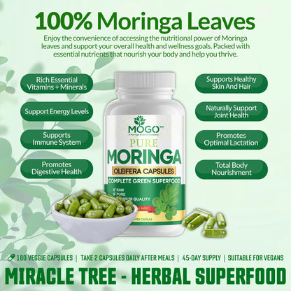 MOGO Moringa Capsules -180 Ct| Boost Energy, Immune, Gut, Joint Support | Made with Pure Organic Moringa Powder Organic Capsules | Made in USA - PrimeBioHealth - canada supplements