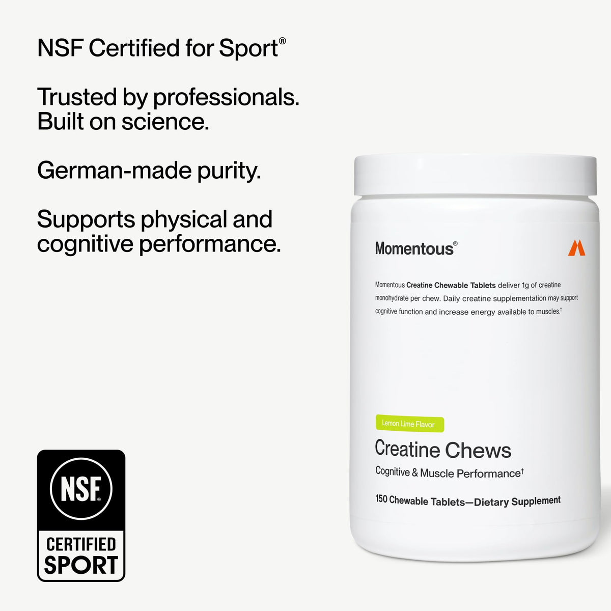 Momentous Creatine Chews - Creatine Monohydrate - Supports Strength, Lean Muscle, & Recovery for Men & Women - NSF Certified for Sport - 150 Chewable Tablets - Lemon Lime - PrimeBioHealth - canada supplements
