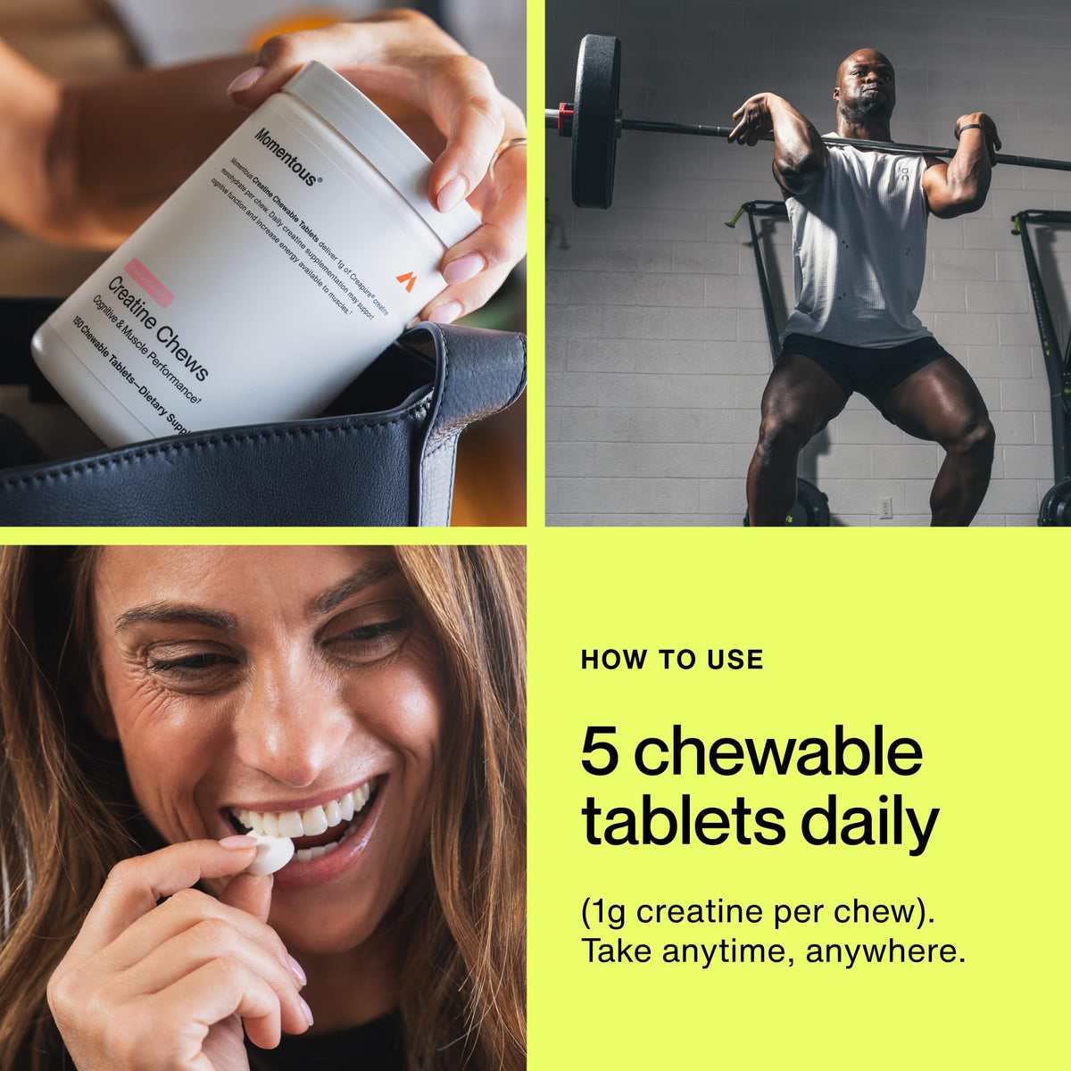 Momentous Creatine Chews - Creatine Monohydrate - Supports Strength, Lean Muscle, & Recovery for Men & Women - NSF Certified for Sport - 150 Chewable Tablets - Lemon Lime - PrimeBioHealth - canada supplements