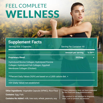 Multi Collagen 180 Protein Capsules - Type I, II, III, V, X Collagen Pills - Proprietary Blend of Eggshell, Chicken, Wild Fish & Grass-Fed - PrimeBioHealth - canada supplements
