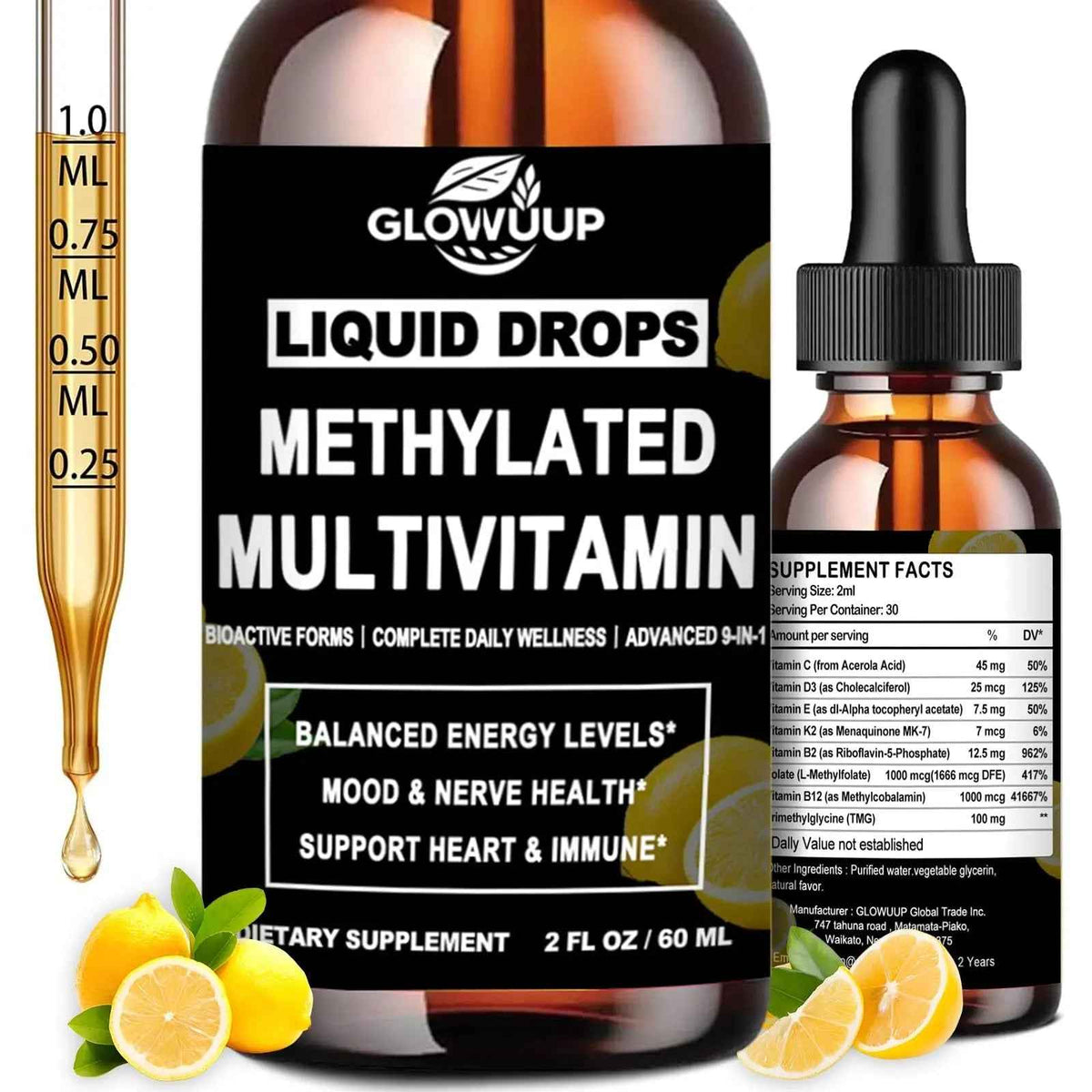 Multivitamin for Women & Men, Methylated Multivitamins & Multiminerals liquid Drops with Methylfolate B12 B2 Vitamin C E D3 K2