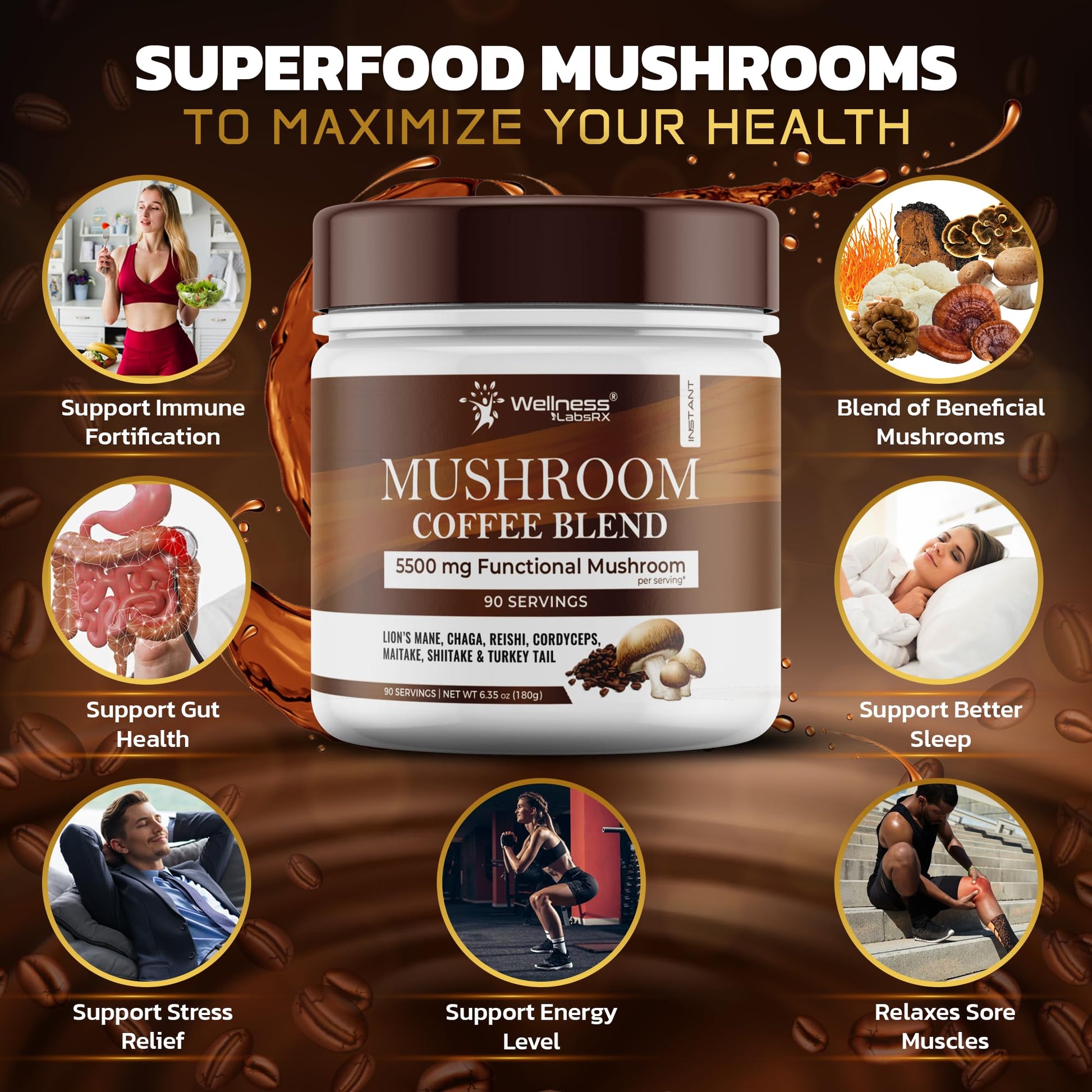 Mushroom Coffee, 90 Servings Organic Mushrooms Instant Coffea, Great Tasting Colombian Keto Coffee, 7 Superfood Mishrooms Lions Mane, Chaga, Reishi, Cordyceps, Maitake, Shiitake, and Turkey Tail - PrimeBioHealth - canada supplements