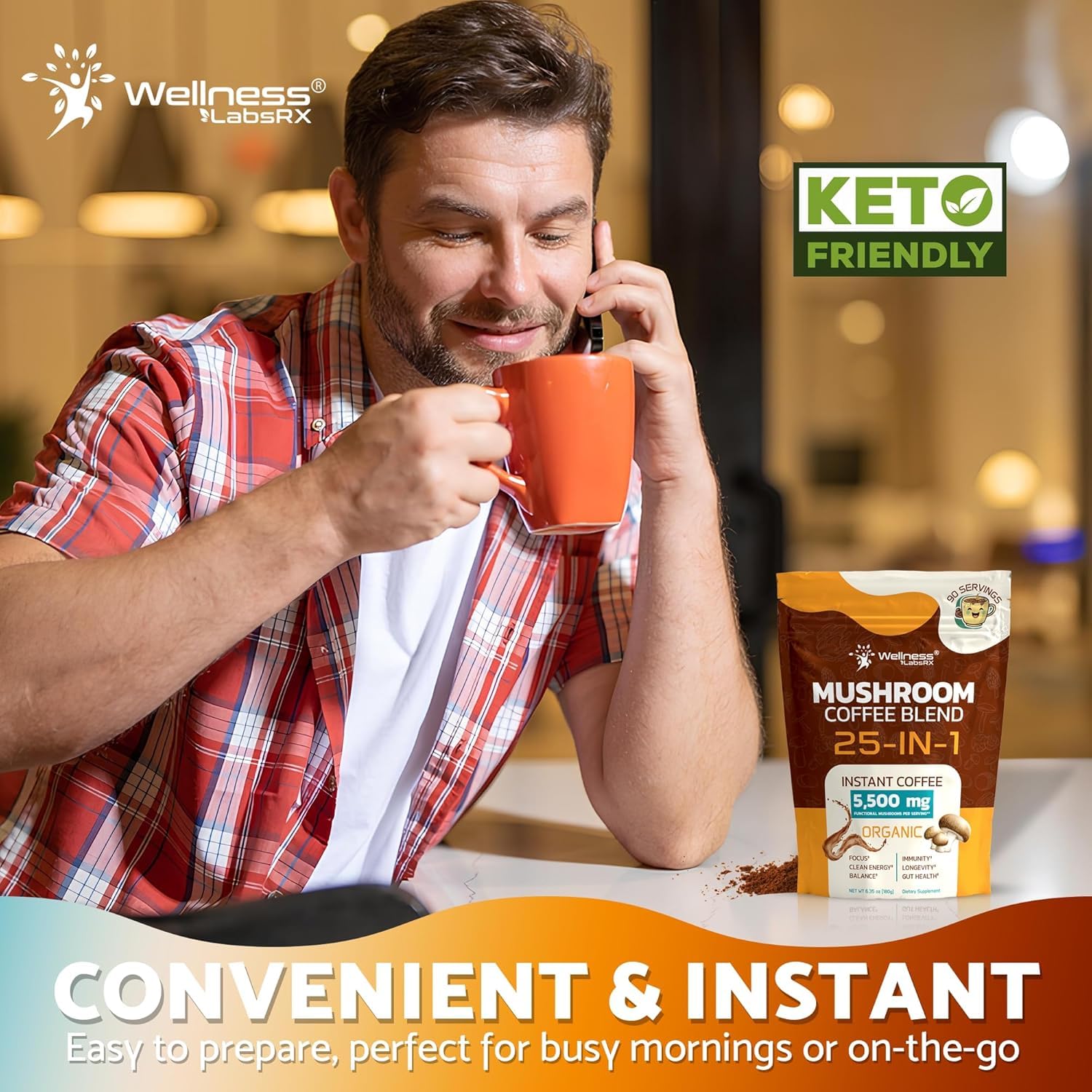 Mushroom Coffee Organic Instant Coffee, 25-in-1, Third-Party Tested Keto Friendly Lions Mane Supplement with Functional Mushrooms – Shiitake, Reishi, Lion’s Mane & More | Smooth, Rich Flavor - 90 Servings - PrimeBioHealth - canada supplements