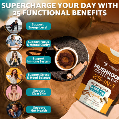 Mushroom Coffee Organic Instant Coffee, 25-in-1, Third-Party Tested Keto Friendly Lions Mane Supplement with Functional Mushrooms – Shiitake, Reishi, Lion’s Mane & More | Smooth, Rich Flavor - 90 Servings - PrimeBioHealth - canada supplements