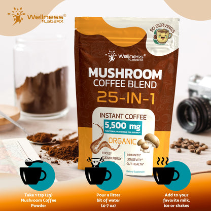 Mushroom Coffee Organic Instant Coffee, 25-in-1, Third-Party Tested Keto Friendly Lions Mane Supplement with Functional Mushrooms – Shiitake, Reishi, Lion’s Mane & More | Smooth, Rich Flavor - 90 Servings - PrimeBioHealth - canada supplements