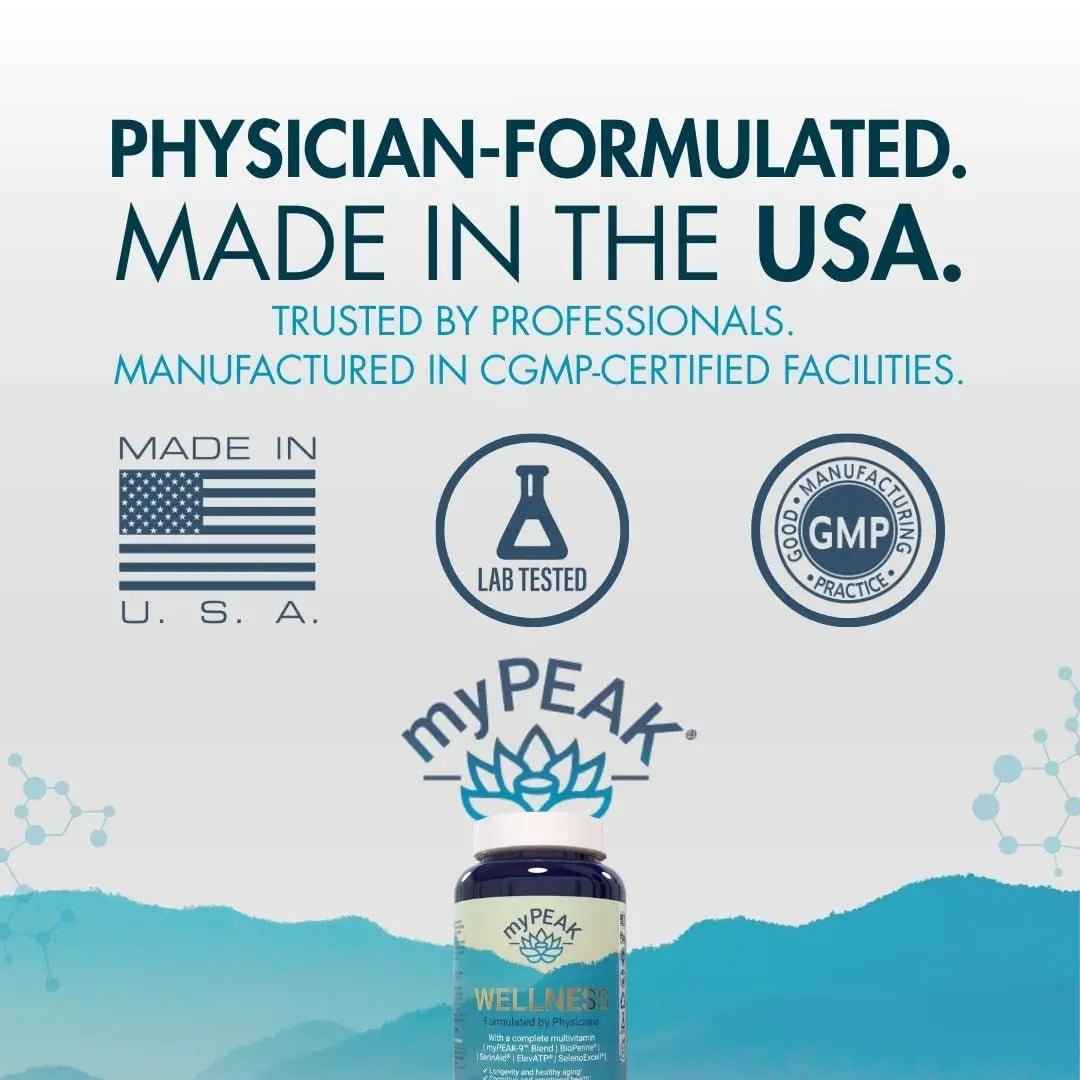 myPEAK Wellness Award-Winning Vegan Multivitamin with ElevATP Ancient Peat Extract, Natural Astaxanthin, Iron, Resveratrol and Alpha GPC