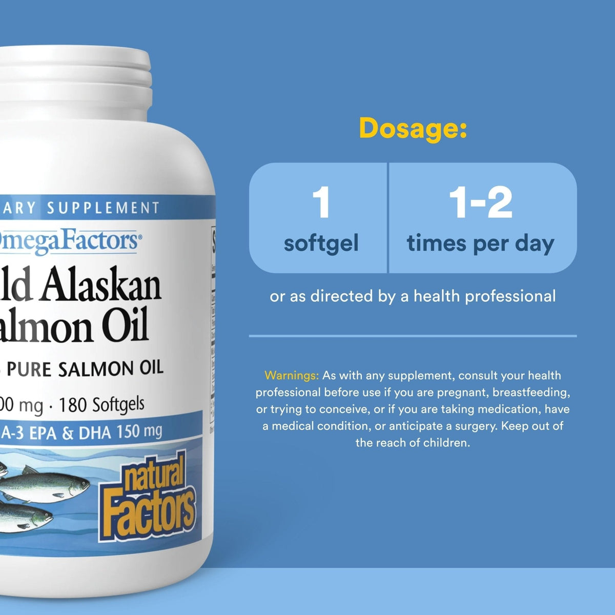 Natural Factors Wild Alaskan Salmon Oil Provides Omega-3, EPA, DHA & Vitamin D, Supports Brain & Heart Health, 180 Softgels - PrimeBioHealth - canada supplements