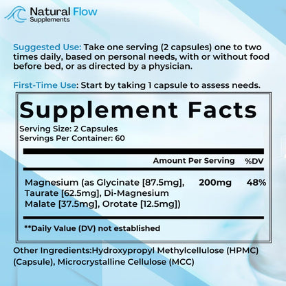 Natural Flow 4X Magnesium Supplement, Magnesium Glycinate, Taurate, Malate, Orotate Complex, Calm Sleep and Cramp Support Blend - PrimeBioHealth - canada supplements