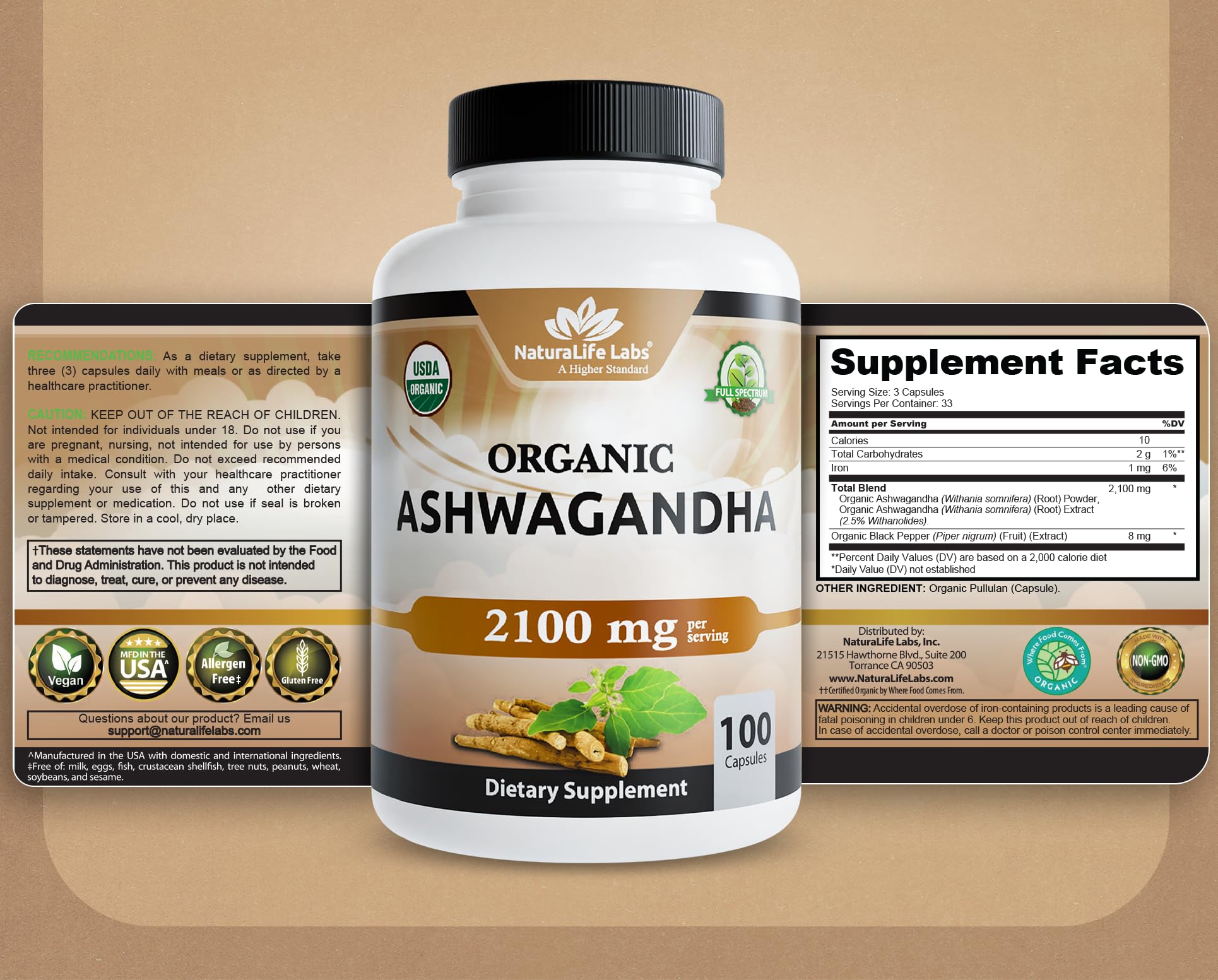 NaturaLife Labs Organic Ashwagandha 2100 mg per Serving – Herbal Supplement Root Powder & Extract – 100 Capsules – Vegan, Non-GMO, Gluten-Free - PrimeBioHealth - canada supplements