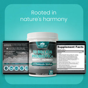 NaturaLife Labs Probiotics 70 Billion CFU – 15 Strains with Organic Prebiotic & Postbiotic – 3-in-1 Formula – 30 Vegan Capsules - PrimeBioHealth - canada supplements