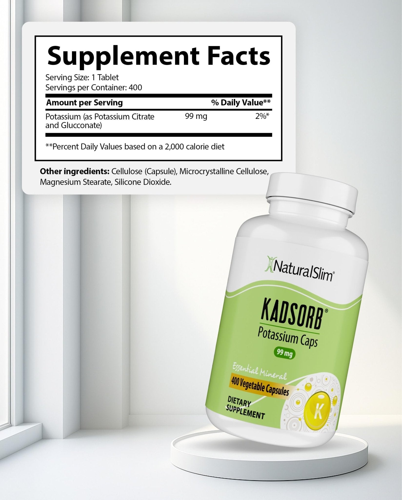 NaturalSlim Natural Potassium Citrate Gluconate 99 mg - Kadsorb Supports Electrolyte Balance & Normal pH - Absorbable Potassium Supplements - PrimeBioHealth - canada supplements