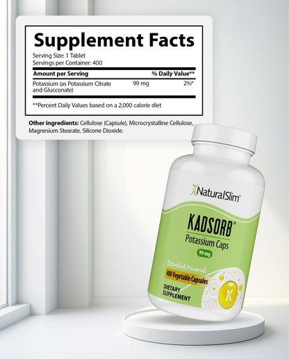 NaturalSlim Natural Potassium Citrate Gluconate 99 mg - Kadsorb Supports Electrolyte Balance & Normal pH - Absorbable Potassium Supplements - PrimeBioHealth - canada supplements