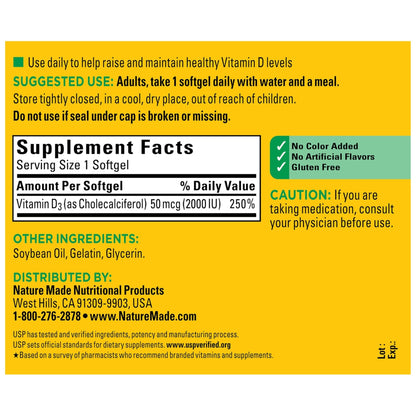 Nature Made Vitamin D3 2000 IU (50 mcg), Vitamin D Supplement for Bone, Teeth, Muscle and Immune Health Support, 250 Softgels, 250 Day Supply - PrimeBioHealth - canada supplements