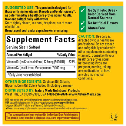 Nature Made Vitamin D3 K2 Supplement, 5000 IU (125 mcg) Vitamin D for Bone, Teeth, Muscle and Immune Support - PrimeBioHealth - canada supplements