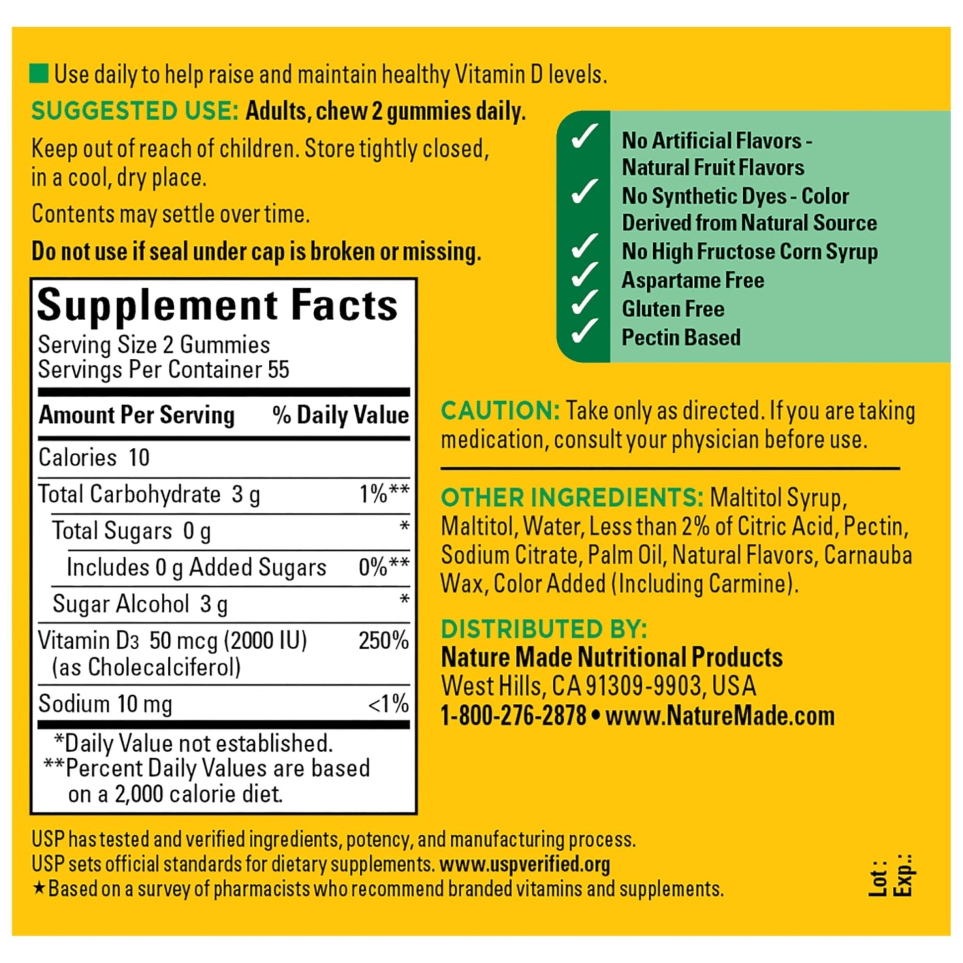 Nature Made Zero Sugar Vitamin D3 Gummies 2000 IU (50 mcg) Per Serving, Bone & Immune Support, Aspartame Free - PrimeBioHealth - canada supplements