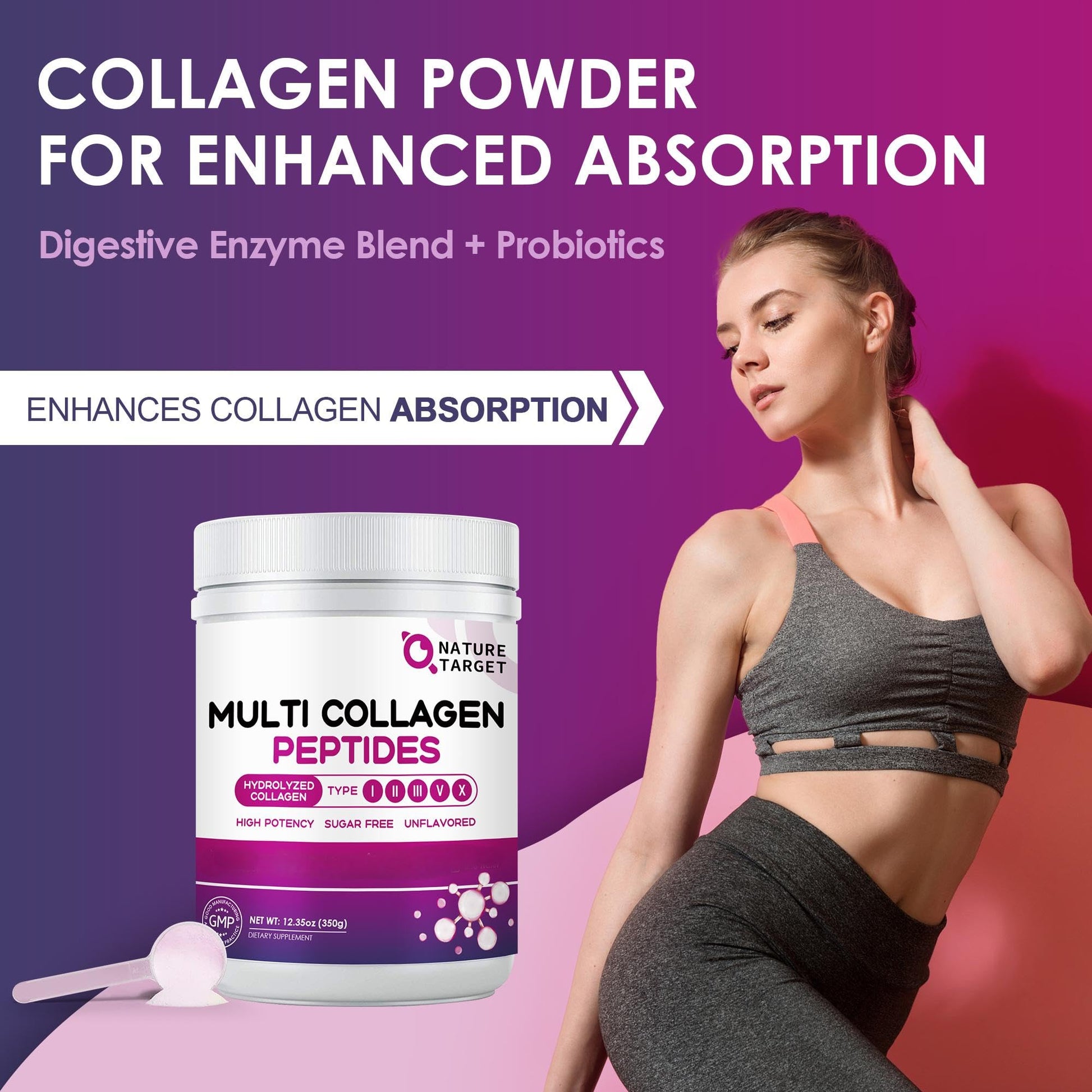 NATURE TARGET Multi Collagen Peptides Powder - Type I, II, III, V, X - Hydrolyzed Collagen Peptides with Vitamin C Hyaluronic Acid, Supports Skin Hair Nail & Joint - PrimeBioHealth - canada supplements