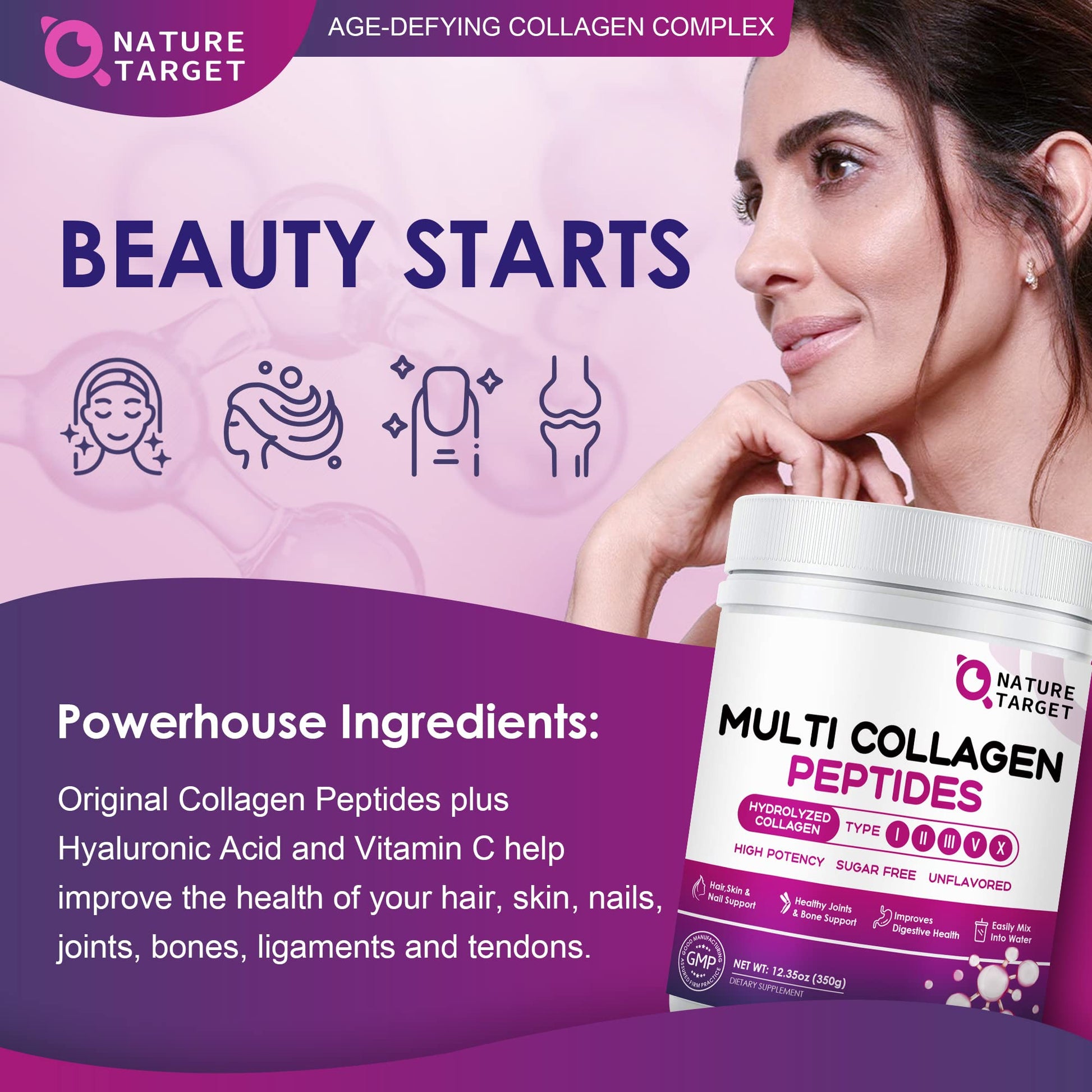 NATURE TARGET Multi Collagen Peptides Powder - Type I, II, III, V, X - Hydrolyzed Collagen Peptides with Vitamin C Hyaluronic Acid, Supports Skin Hair Nail & Joint - PrimeBioHealth - canada supplements