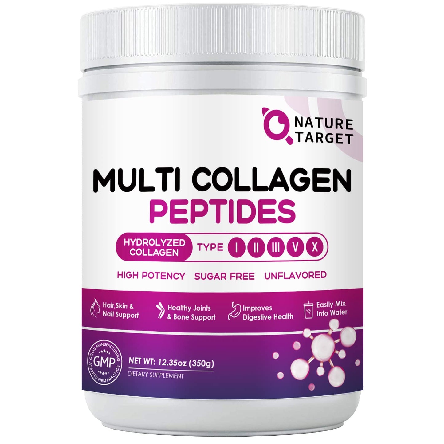 NATURE TARGET Multi Collagen Peptides Powder - Type I, II, III, V, X - Hydrolyzed Collagen Peptides with Vitamin C Hyaluronic Acid, Supports Skin Hair Nail & Joint - PrimeBioHealth - canada supplements