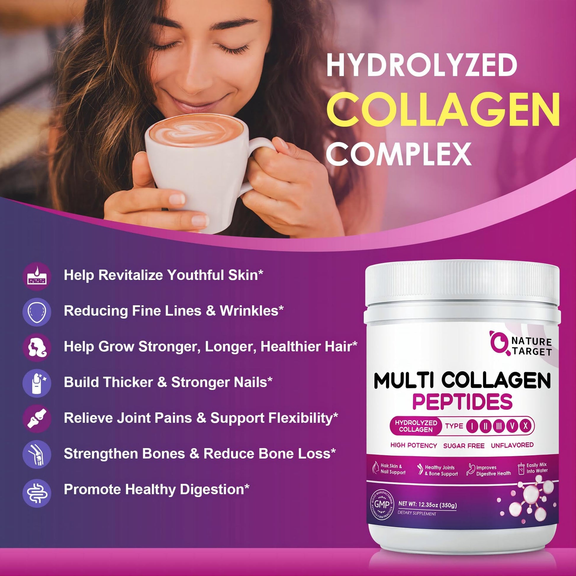 NATURE TARGET Multi Collagen Peptides Powder - Type I, II, III, V, X - Hydrolyzed Collagen Peptides with Vitamin C Hyaluronic Acid, Supports Skin Hair Nail & Joint - PrimeBioHealth - canada supplements