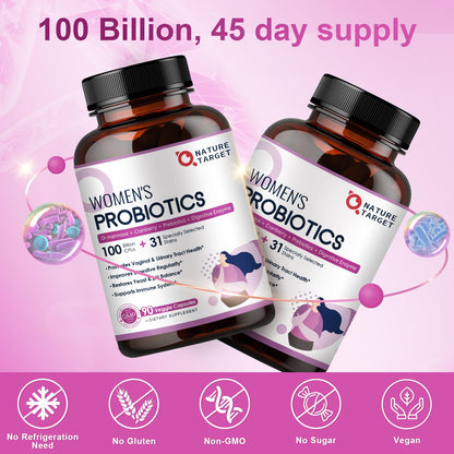 NATURE TARGET Probiotics for Women, 100 Billion CFUs Probiotic with Digestive Enzymes & Prebiotics, Vaginal Probiotics with Cranberry for Urinary Tract Health - PrimeBioHealth - canada supplements