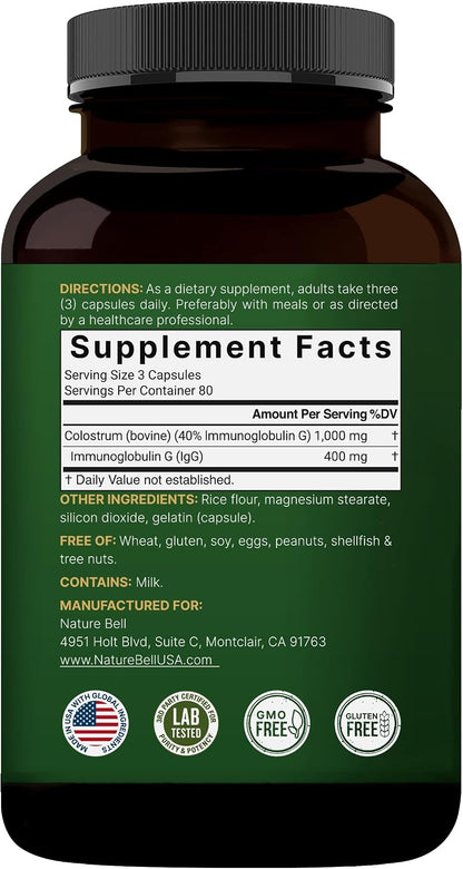 NatureBell Bovine Colostrum Supplement 1,000mg Per Serving, 240 Capsules | 40% IgG Colostrum Powder for Gut Health, Bloating, Skin, Hair & Immune Support – Non-GMO - PrimeBioHealth - canada supplements