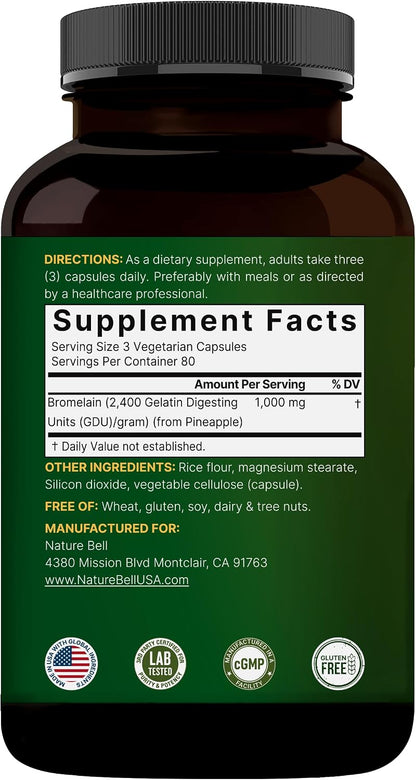 NatureBell Bromelain, 1,000mg Per Serving, 240 Veggie Capsules | 2,400 GDU – Digestive Enzymes & Joint Support Supplement – Proteolytic Enzymes for Digestion, Fresh Pineapple Source – Non-GMO - PrimeBioHealth - canada supplements