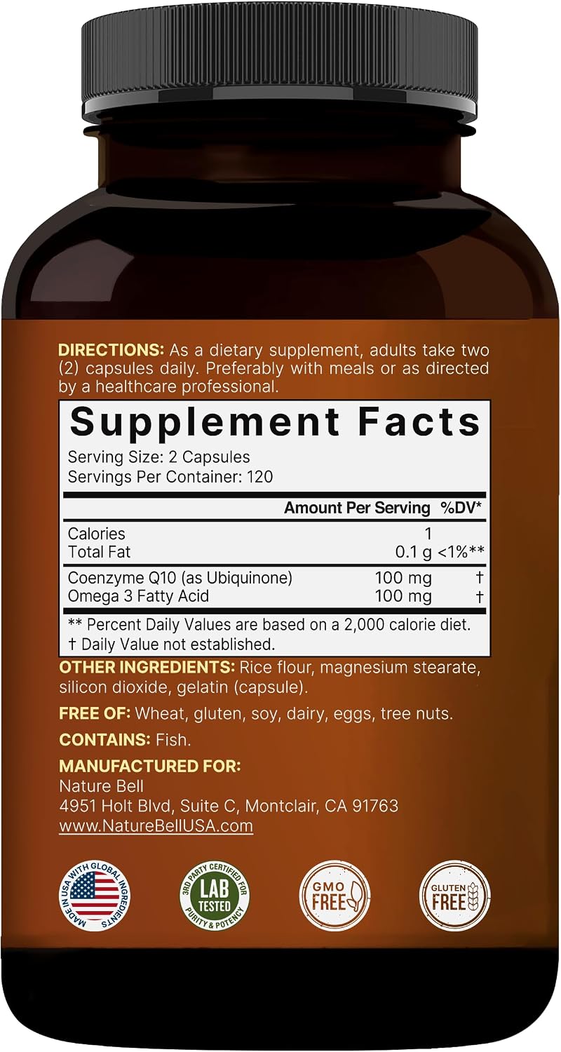 NatureBell CoQ10 100mg with Omega 3, 240 Capsules | Stable High Absorption Form – Antioxidant Support for Heart & Energy Health – Extra Strength Coenzyme Q10 Supplement - PrimeBioHealth - canada supplements