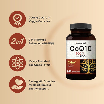 NatureBell CoQ10 200mg with PQQ, 240 Veggie Capsules | Stable High Absorption Form – Antioxidant Support for Heart, & Energy Health – Extra Strength Coenzyme Q10 Supplement - PrimeBioHealth - canada supplements