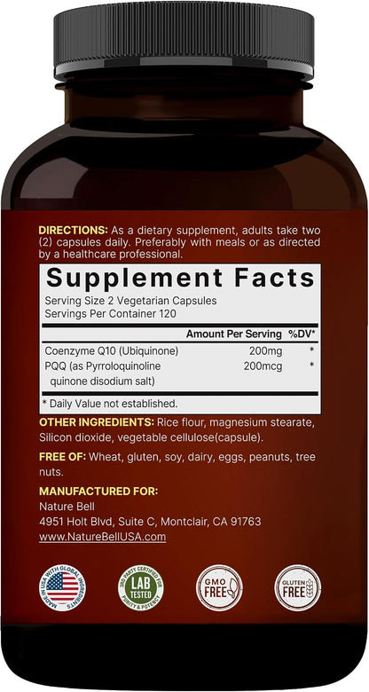 NatureBell CoQ10 200mg with PQQ, 240 Veggie Capsules | Stable High Absorption Form – Antioxidant Support for Heart, & Energy Health – Extra Strength Coenzyme Q10 Supplement - PrimeBioHealth - canada supplements