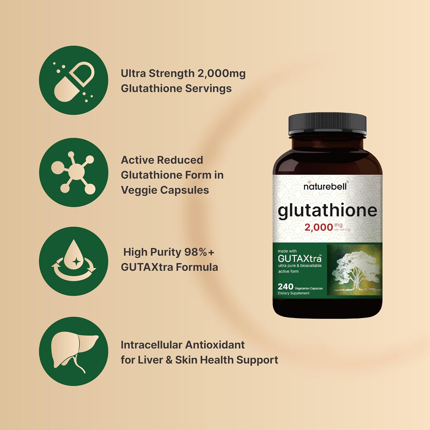 NatureBell Glutathione Supplement 2,000mg Per Serving, 240 Veggie Capsules | 98%+ Purity Verified, Bioavailable Reduced Glutathione Pills, Active Form, Master Antioxidant – Vegan Friendly & Non-GMO - PrimeBioHealth - canada supplements