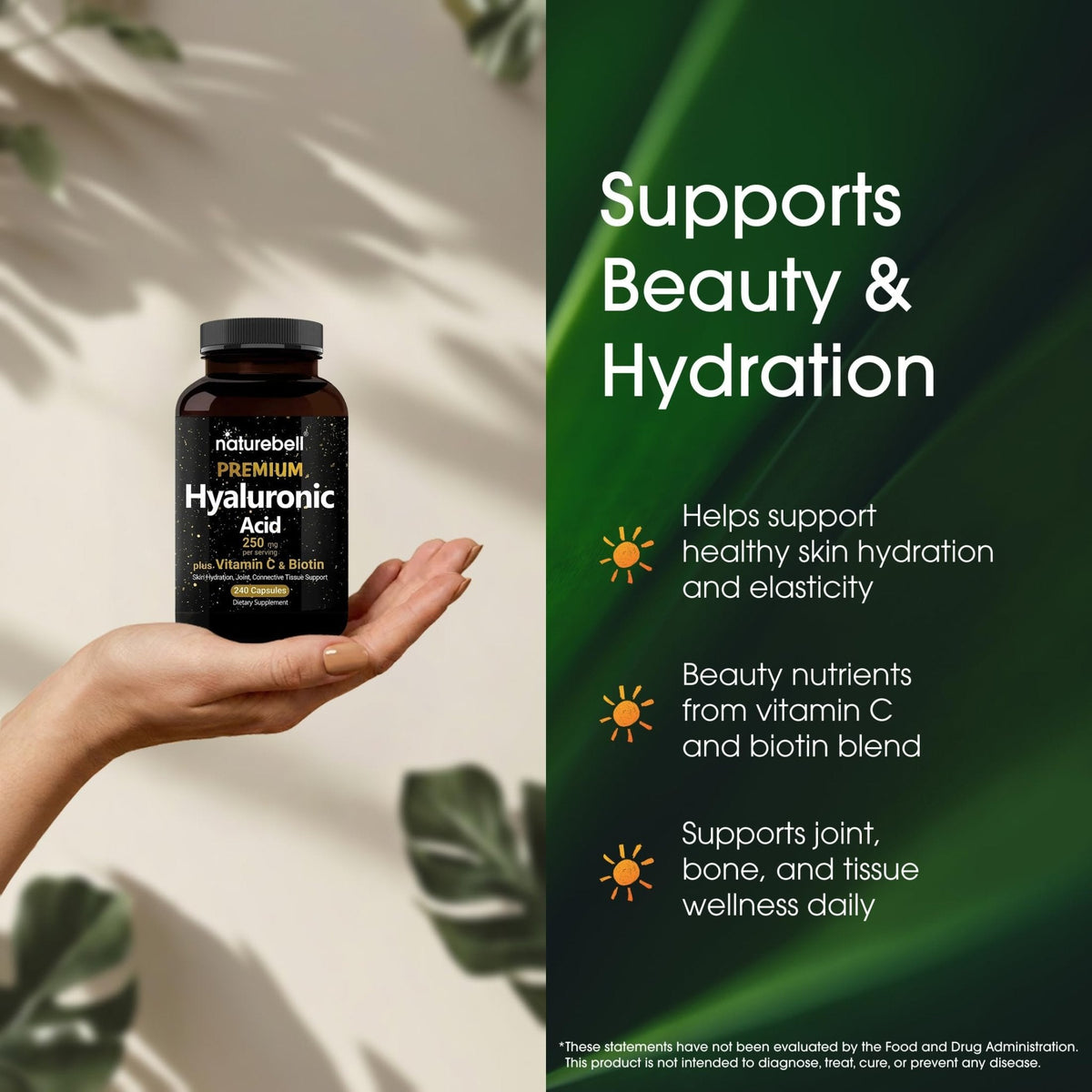 NatureBell Hyaluronic Acid 250mg - 240 Capsules - 250mg Hyaluronic Acid, 5000mcg Biotin & 25 mg Vitamin C - Supports Skin - PrimeBioHealth - canada supplements