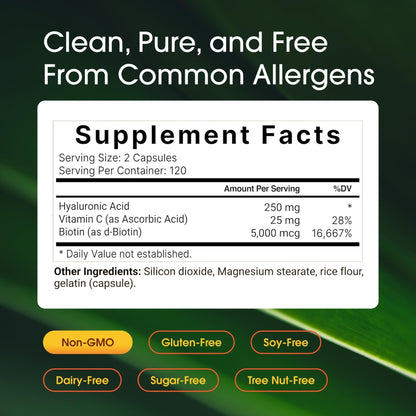 NatureBell Hyaluronic Acid 250mg - 240 Capsules - 250mg Hyaluronic Acid, 5000mcg Biotin & 25 mg Vitamin C - Supports Skin - PrimeBioHealth - canada supplements