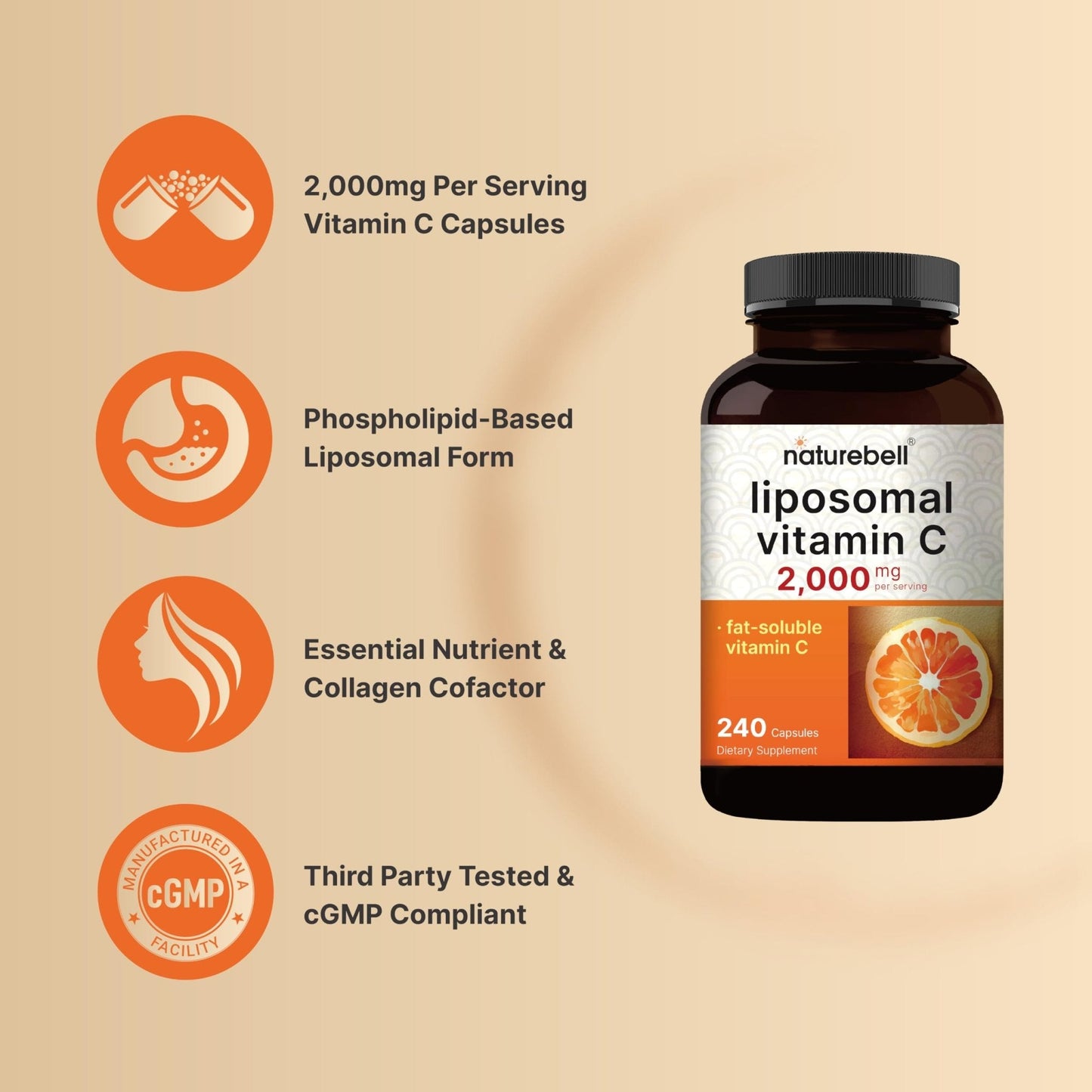 NatureBell Liposomal Vitamin C 2,000mg Per Serving, 240 Capsules | Fat-Soluble Vitamin C – Daily Vitamin Supplement for Men & Women – Non-GMO, Gluten Free - PrimeBioHealth - canada supplements