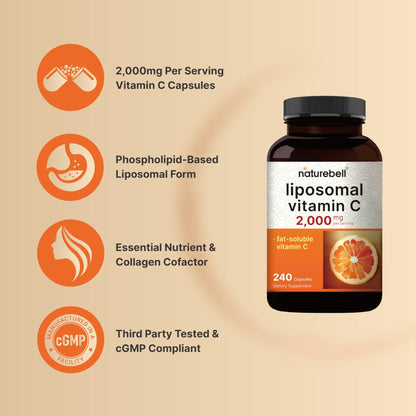 NatureBell Liposomal Vitamin C 2,000mg Per Serving, 240 Capsules | Fat-Soluble Vitamin C – Daily Vitamin Supplement for Men & Women – Non-GMO, Gluten Free - PrimeBioHealth - canada supplements