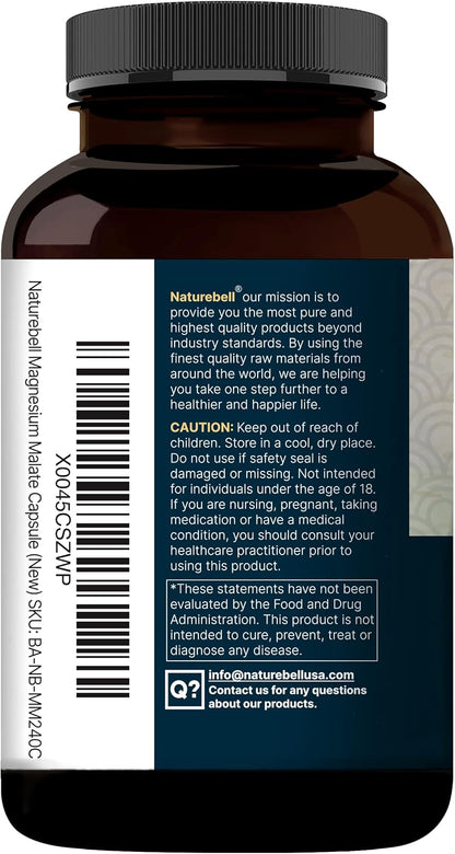 NatureBell Magnesium Malate 1,500mg, 240 Capsules | Chelated for High Absorption | Energy & Nervous System Support | Non-GMO, Gluten-Free - PrimeBioHealth - canada supplements