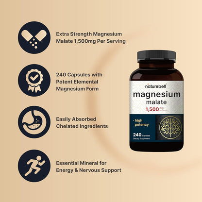 NatureBell Magnesium Malate 1,500mg, 240 Capsules | Chelated for High Absorption | Energy & Nervous System Support | Non-GMO, Gluten-Free - PrimeBioHealth - canada supplements