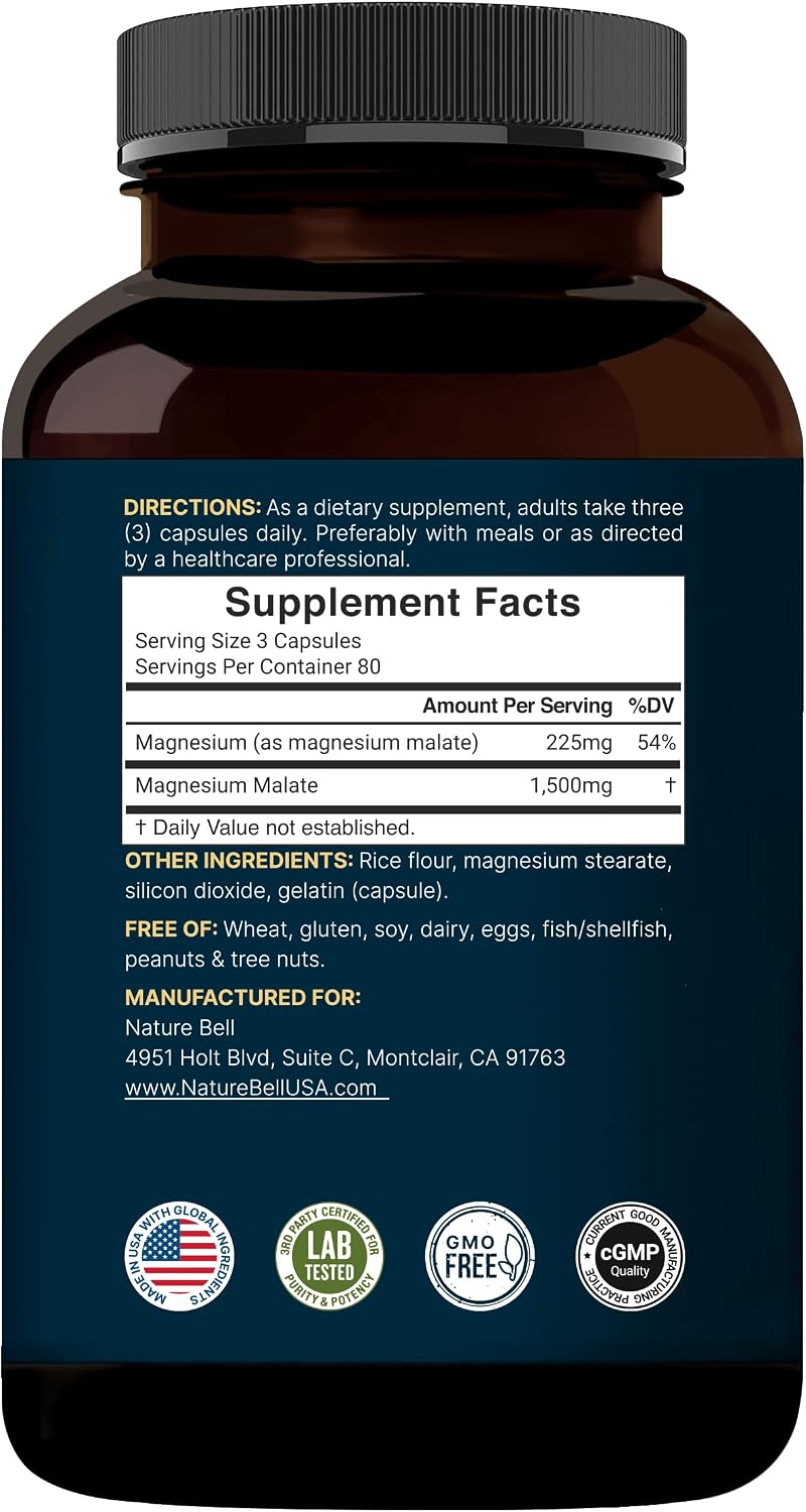 NatureBell Magnesium Malate 1,500mg, 240 Capsules | Chelated for High Absorption | Energy & Nervous System Support | Non-GMO, Gluten-Free - PrimeBioHealth - canada supplements