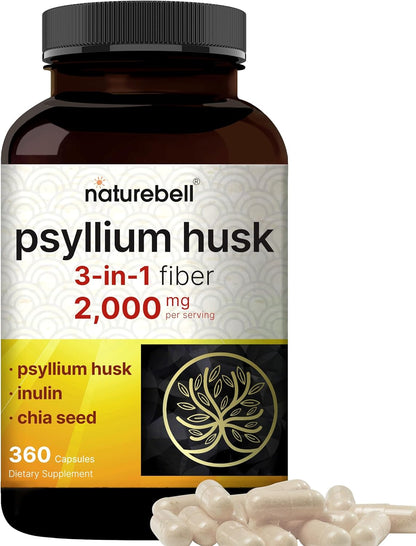 NatureBell Psyllium Husk Fiber Capsules 2,000mg Per Serving, 360 Caps | Soluble Fiber Supplement | 3-in-1 with Inulin & Chia Seed | Plant Based, Non-GMO, Gluten Free - PrimeBioHealth - canada supplements